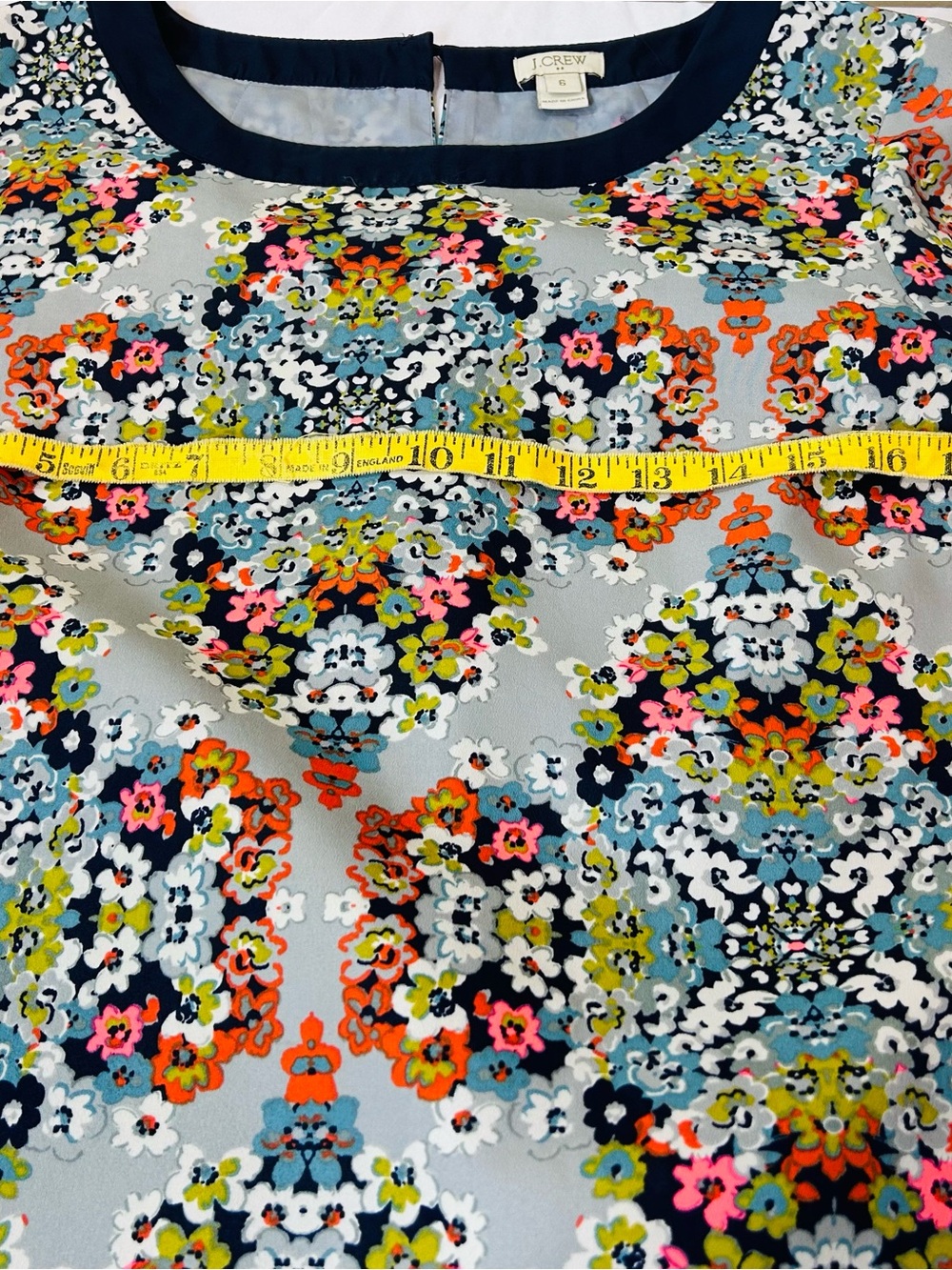 J.CREW Womens Silk Gray Misty Fog Floral Navy Trim 3/4 Sleeve Shift Dress Sz 6 - Picture 8 of 9